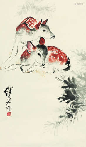 刘继卣（1918～1983） 双鹿图 镜芯 设色纸本