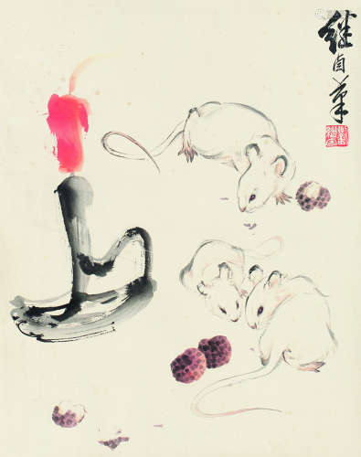 刘继卣（1918～1983） 鼠戏图 镜芯 设色纸本