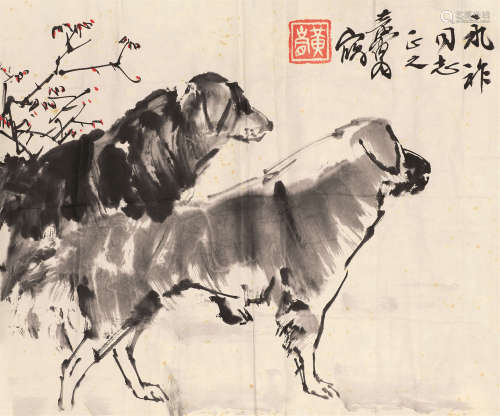 黄胄（1925～1997） 双犬图 镜芯 设色纸本