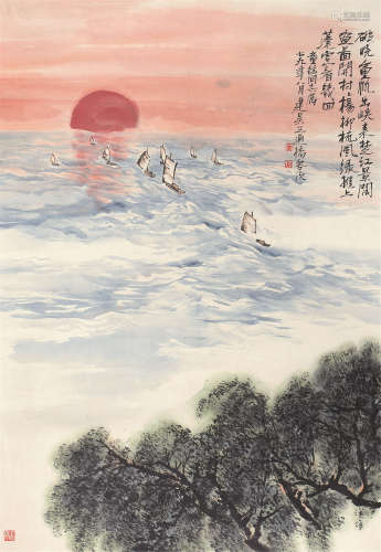 冯建吴（1910～1989） 重帆出峡图 镜芯 设色纸本