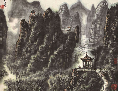 李小可（b.1944） 山阁观景图 立轴 设色纸本