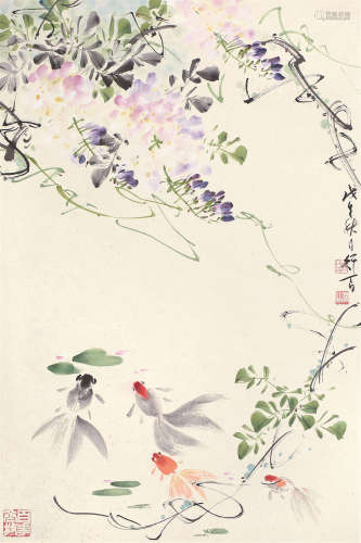 李行百（b.1926） 紫藤金鱼图 立轴 设色纸本