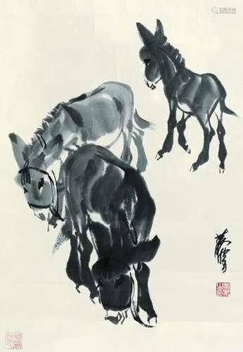 黄胄（1925～1997） 三驴图 镜芯 水墨纸本