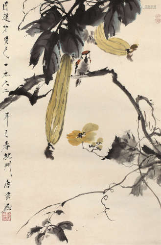 唐云（1910～1993） 丝瓜小鸟图 立轴 设色纸本
