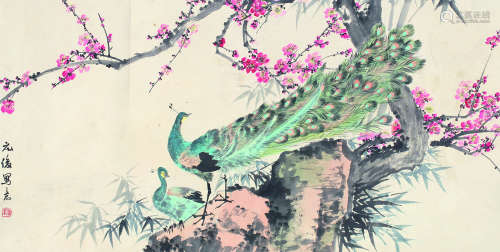 戴元俊（1912～1982） 孔雀 镜芯 设色纸本