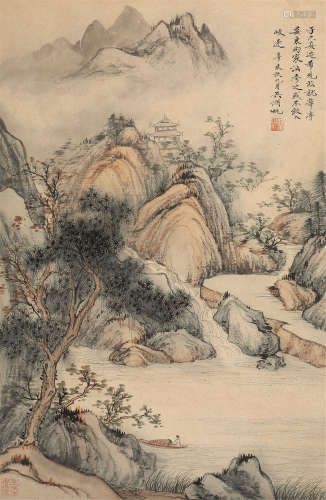 吴湖帆（1894～1968） 泊舟垂钓图 立轴 设色纸本