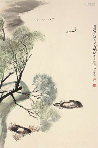 何海霞（1908～1998） 杨柳青青渡河人 立轴 设色纸本