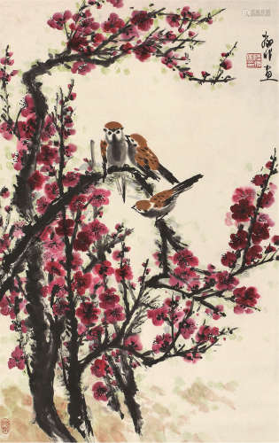 陆抑非（1908～1997） 红梅双雀图 立轴 设色纸本