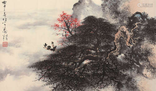 黎雄才（1910～2001） 松猿红叶图 镜芯 设色纸本
