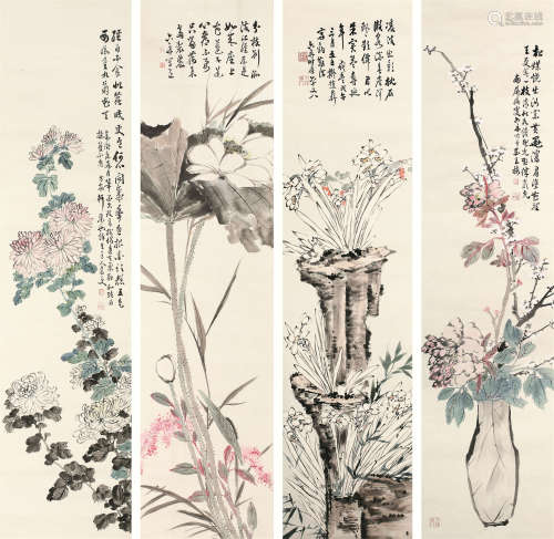 六舟（1791～1858） 花卉 四屏镜芯 设色纸本