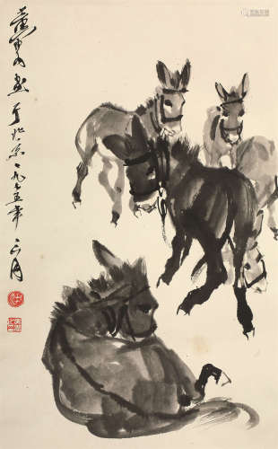 黄胄（1925～1997） 五驴图 立轴 水墨纸本