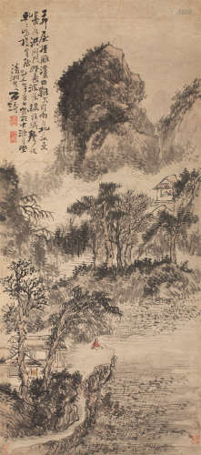 石涛（1642～1708） 茅屋槿篱溪 立轴 设色纸本