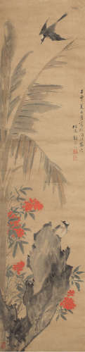 刘德六（1806～1875） 蕉石翠鸟 立轴 设色纸本