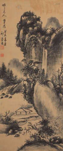 祁豸佳（1594～1682） 松山飞瀑图 立轴 水墨绢本