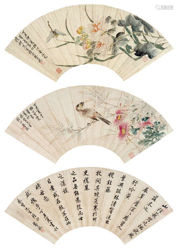 蔡铣（1897～1960） 花鸟 （三帧） 扇面 水墨纸本