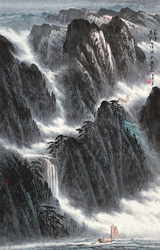 岑学恭（b.1917） 风雨归舟 立轴 设色纸本