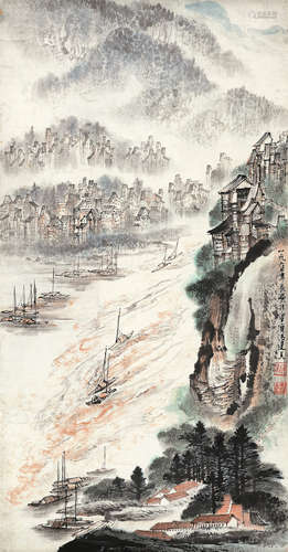 冯建吴（1910～1989） 百舸争流 立轴 设色纸本