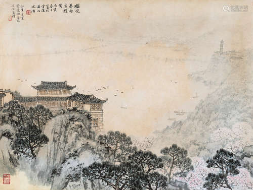 宋文治（1919～2000） 樱花春雨古鸡鸣 镜心 设色纸本