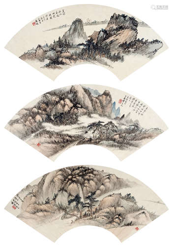 汤涤（1878～1948） 山水 （三帧） 扇面 设色纸本