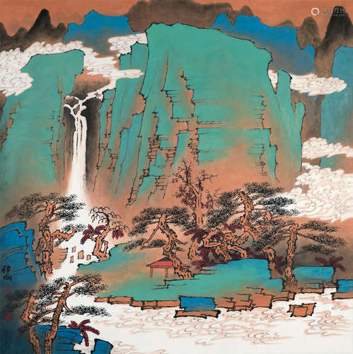 邓绍柄（b.1963） 松岩观瀑 镜心 设色纸本