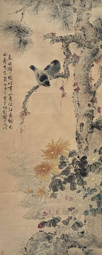 丁宝书（1866～1936） 松枝双禽 立轴 设色纸本