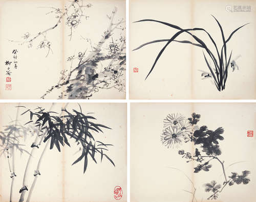 柳子谷（1901～1986） 梅兰竹菊 册页 设色纸本