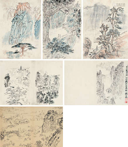 钱松嵒（1899～1985） 画稿 册页 （七开） 设色纸本