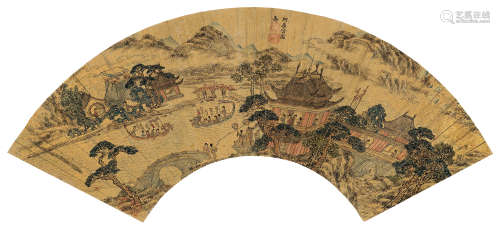 万寿褀（1603～1652） 阿房宫图 扇面 设色金笺