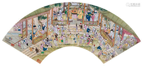 吴友如（1840～1893） 行乐图 扇面 设色纸本