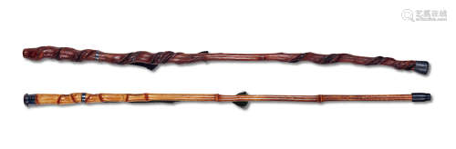 清 随形手杖、竹节包银手杖 （二件）