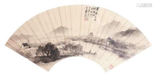 吴石仙（款） 烟雨图 纸本镜框