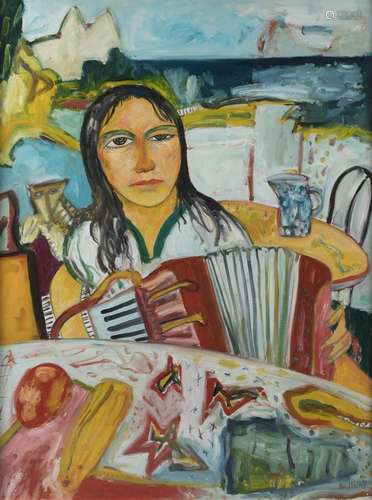 [§] JOHN BELLANY C.B.E., R.A., H.R.S.A. (SCOTTISH 1942-2013) THE ACCORDIANIST 122cm x 89cm (48in x 35in)