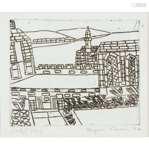 [§] BRYAN PEARCE (BRITISH 1929-2007) THE LADY CHAPEL - CHY AN EGLOS FROM MEMORIAL GARDENS 16cm x 13.5cm (6.25in x 5.25in)
