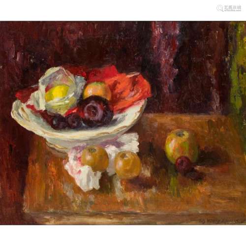 [§] MARY NICOL NEILL ARMOUR R.S.A., R.S.W. (SCOTTISH 1902-2000) STILL-LIFE WITH RUSSET APPLES 49cm x 59cm (19.25in x 23.25in)