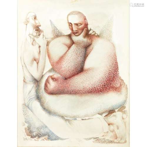 [§] JOHN BYRNE R.S.A. (SCOTTISH B.1940) GUARDIAN ANGEL (PERPLEXED) 45cm x 34cm (17.25in x 13.5in)