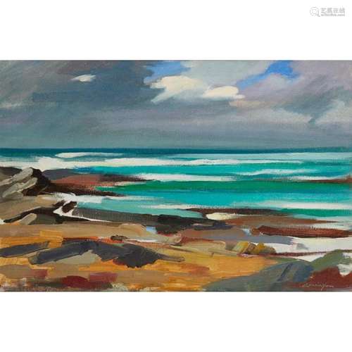 [§] JOHN CUNNINGHAM R.G.I. (SCOTTISH 1926-1998) WEST COAST BEACH 40cm x 60cm (15.75in x 23.5in)