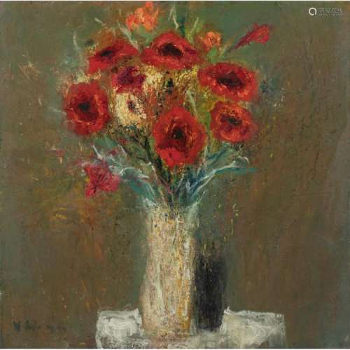 [§] NAEL HANNA (IRAQI/SCOTTISH B. 1959) STILL LIFE OF RED FLOWERS 44cm x 44cm (17.25in x 17.25in) unframed