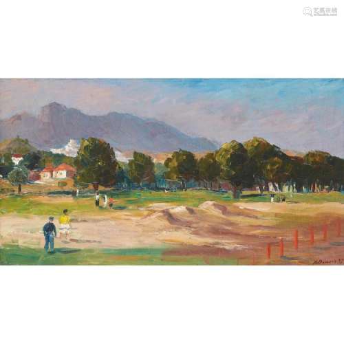 [§] NADIA BENOIS (RUSSIAN 1896-1975) VIEW OF GOLFERS IN THE SOUTH OF FRANCE 32cm x 58cm (12.5in x 22.75in)