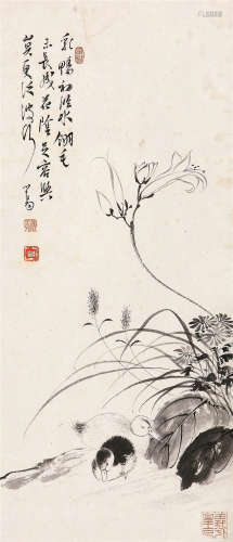 溥儒（1896～1963） 花塘双鸭 镜心 水墨纸本