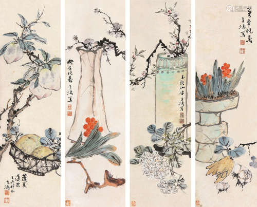 王雪涛（1903～1982） 四时花卉 镜框 设色纸本