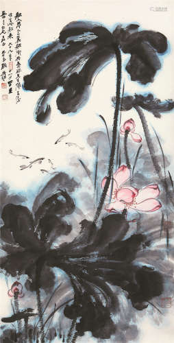 张大千（1899～1983） 1980年作 荷塘鱼戏 立轴 设色纸本
