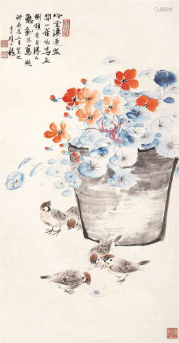 颜伯龙（1898～1955） 1940年作 花雀图 镜心 设色纸本