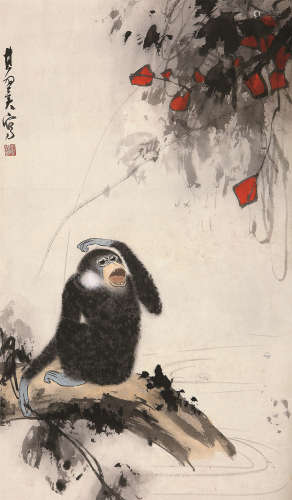 张其翼（1915～1968） 枫侯长寿 立轴 设色纸本