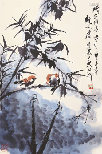 唐云（1910～1993） 1984年作 竹影双栖 立轴 设色纸本