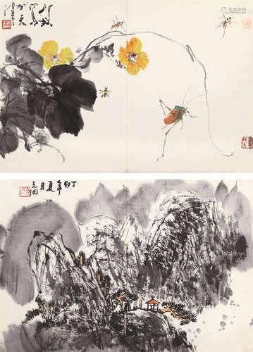 萧朗  孙克纲 1987年作 花卉山水 镜心 设色纸本