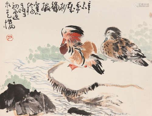 孙其峰（b.1920） 鸳鸯 托片 设色纸本