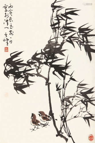 孙其峰（b.1920） 1986年作 竹鸟图 托片 设色纸本