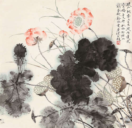 贾广健（b.1964） 2001年作 桃香荷塘 托片 设色纸本