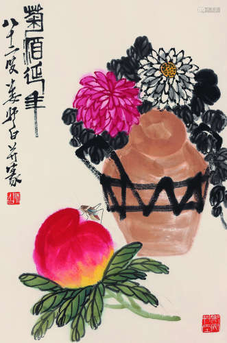 娄师白（1918～2010） 菊酒延年 镜片 设色纸本