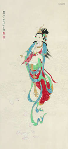 匡仲英（b.1924） 天女撒花图 镜片 设色纸本